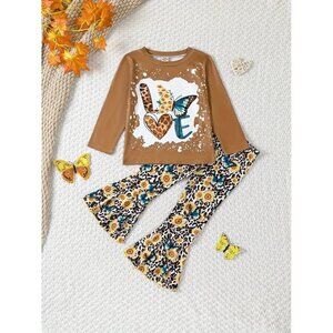 2PCS LOVE Print Pullover + Flora Print Flare Pants Set